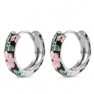 Metallo TQ in ottone orecchini a cerchio smalto fiore argento-nero rosa