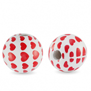 Perline di legno tonde 16mm cuore bianco-rosso