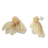 Orecchini alla moda chiffon fiore beige marrone-oro