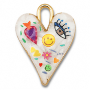 Ciondoli di metallo con smalto cuore bianco-multicolore-oro