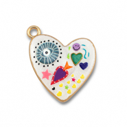Ciondoli di metallo con smalto cuore bianco-multicolore-oro