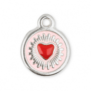 Ciondoli in acciaio inossidabile tonda con cuore argento-rosso-rosa chiaro