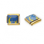 Link-tessera per bracciale italiano con ciondoli in acciaio inossidabile luna e stelle oro-blu-giallo