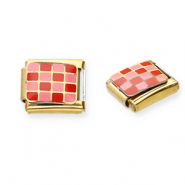 Link-tessera per bracciale italiano con ciondoli in acciaio inossidabile motivo a blocchi oro-rosa-rosso
