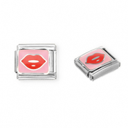 Link-tessera per bracciale italiano con ciondoli in acciaio inossidabile kiss argento-rosa-rosso