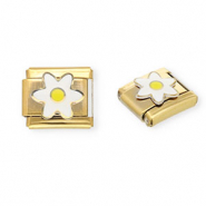 Link-tessera per bracciale italiano con ciondoli in acciaio inossidabile fiore oro-bianco-giallo