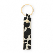 Portachiavi in pelle con stampa mucca bianco-nero-oro