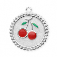 Ciondoli in acciaio inossidabile tonda con ciliegie argento-bianco madreperla-rosso-verde