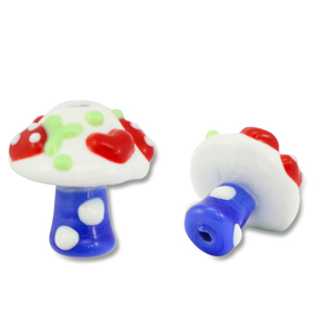 Perline di vetro dipinte a mano fungo blu-bianco-rosso