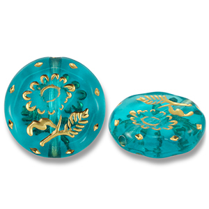 Perline in acrilico tonda con fiore blu ottanio-oro