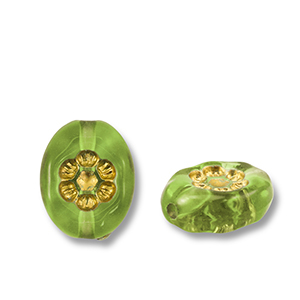 Perline in acrilico ovale con fiore verde oliva-oro