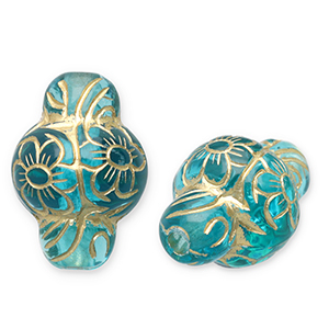 Perline in acrilico ovale con fiore blu ottanio-oro