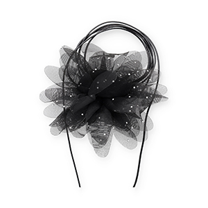 Choker con fiore in organza con strass nero-argento