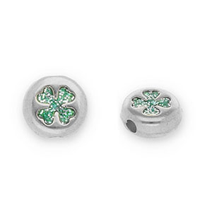 Perline di metallo DQ tonda con quadrifoglio argento antico-glitterato turchese (privo di nichel)