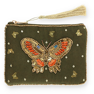 Pochette farfalla verde oliva scuro-oro-arancione-blu