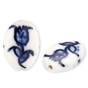 Perline di ceramica ovale con tulipano biancastro-blu Delft