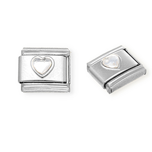Link-tessera per bracciale italiano con ciondoli in acciaio inossidabile cuore con strass argento-cristallo