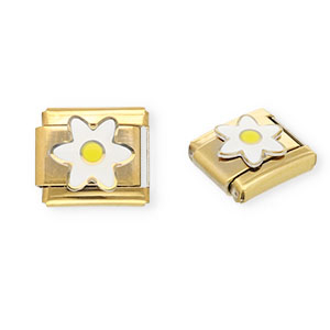 Link-tessera per bracciale italiano con ciondoli in acciaio inossidabile fiore oro-bianco-giallo