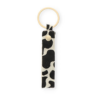 Portachiavi in pelle con stampa mucca bianco-nero-oro