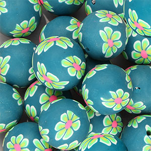 Perline di silicone 18mm tonda con fiori dipinti a mano verde ottanio-verde chiaro-rosa neon