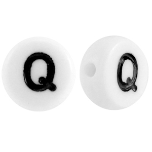 Perline alfabeto in acrilico con disegno lettera Q bianco